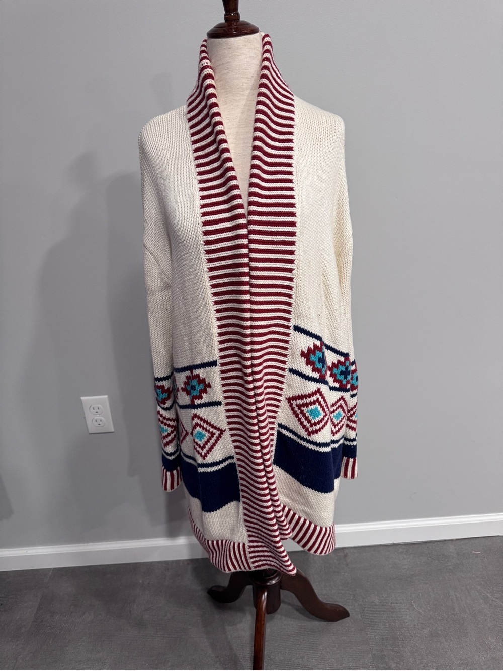 Marine Layer Ivory Open-Front Long Cardigan with Geometric Print M/L